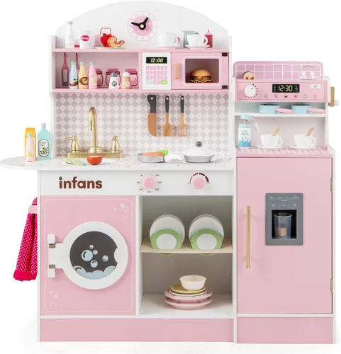 INFANS Juego de cocina para niños, juego de cocina de madera para niños pequeños, juego de juguetes de cocina con cafetera, máquina de hielo, Rosa