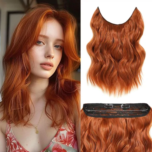 Miniatura 49 de Extensiones de cabello con halo de 12 pulgadas con alambre invisible, cabello largo ondulado ajustable, sintético, mejora con 4 clips de seguridad