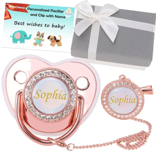 Miniatura 14 de Chupete personalizado con nombre, juego de clip para chupete dorado brillante con caja de regalo, tarjeta de felicitación, lujoso chupete de cristal