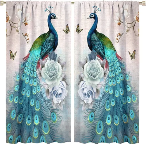 Miniatura 24 de Cortina opaca con estampado de pavo real, con estampado de animales retro, con bolsillo para cortinero y flores de peonía doradas, para dormitorio