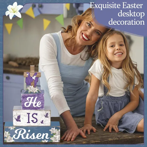 Miniatura 5 de 4 piezas de decoración de mesa de Pascua con texto en inglés "He Is Risen" de madera religiosa, centro de mesa de madera religiosa, bloques de cruz