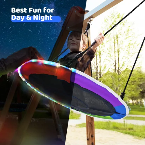 Miniatura 2 de Trekassy Columpio de árbol de platillo de 40 pulgadas para niños y adultos al aire libre con luces LED, 2 correas para colgar en el árbol, arcoíris