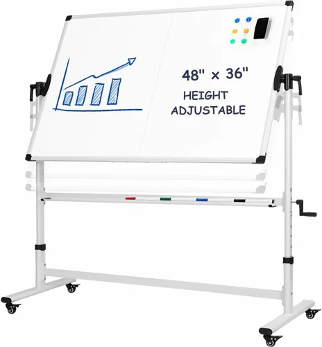 Miniatura 13 de TANKEE - Caballete de pizarra blanca de borrado en seco sobre ruedas, 48 x 32 pulgadas, pizarra blanca móvil grande de doble cara, pizarra blanca