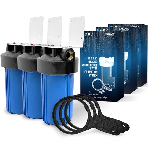 Miniatura 17 de Sistema purificador de filtro para toda la casa de 10 x 4.5 pulgadas de alta capacidad para agua de pozos o ciudades, botón de alivio de Azul