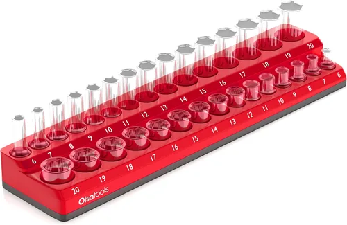 Miniatura 26 de Olsa Tools Portadados magnético, para dados métricos con cuadros de mando de 1/2 pulgada, color rojo, caben 19 dados, organizador de herramientas