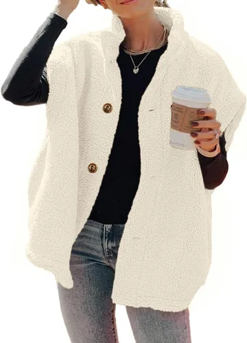 Miniatura 59 de Hongqizo - Chaleco de forro polar mullido para mujer, casual, de gran tamaño, cálido, con botones, chaqueta de sherpa con bolsillos