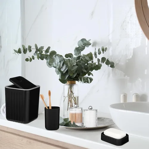Miniatura 8 de Hosuly Juego de 9 piezas de accesorios de baño para cortina de ducha y 12 ganchos, dispensador de jabón, jabonera, tapete de baño antideslizante