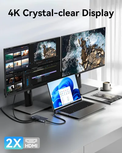 Miniatura 8 de LIONWEI Estación de acoplamiento para laptop 9 en 1, HDMI dual, 100 W PD, USB C 3.0, Ethernet, audio/micrófono, concentrador USB C para portátiles