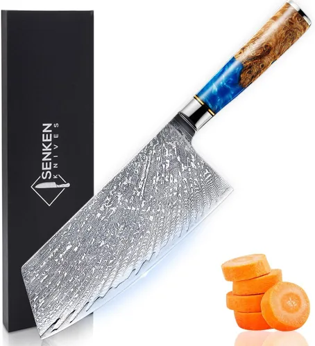 SENKEN - Cuchillo de carnicero de acero Damasco, colección Tsunami, acero japonés VG10 de 67 capas, resina azul única y mango de madera natural,