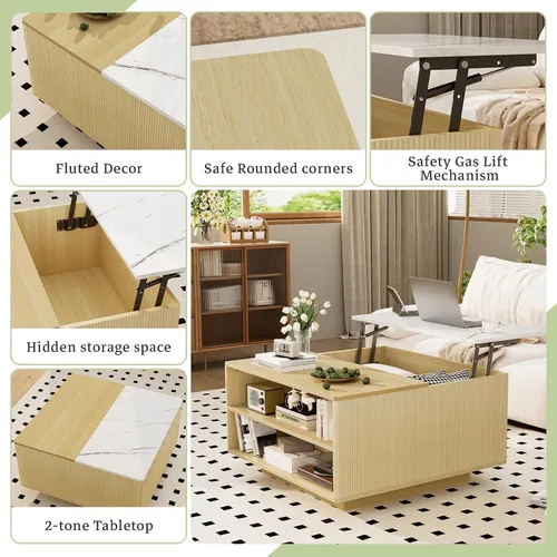 Miniatura 5 de Mesa de centro elevable con almacenamiento, mesa cuadrada central de madera natural estriada con almacenamiento abierto, mesa central para sala