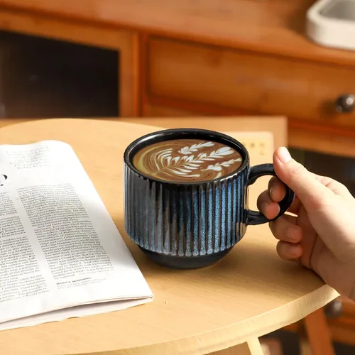 Miniatura 7 de glowworm Juego de 4 tazas de café apilables de 15 onzas con estante, tazas de cerámica para el hogar, oficina, inauguración de la casa y regalos