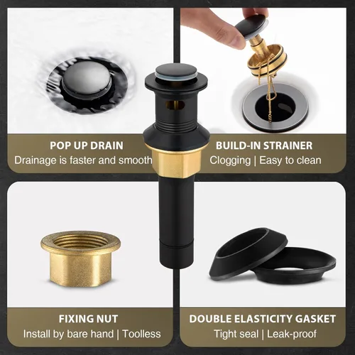 Miniatura 7 de Grifo de Lavabo Negro y Dorado, Grifo de Baño Alto de Un Solo Agujero, Hecho de Acero Inoxidable SUS304 Moderno, Incluye Drenaje Desplegable