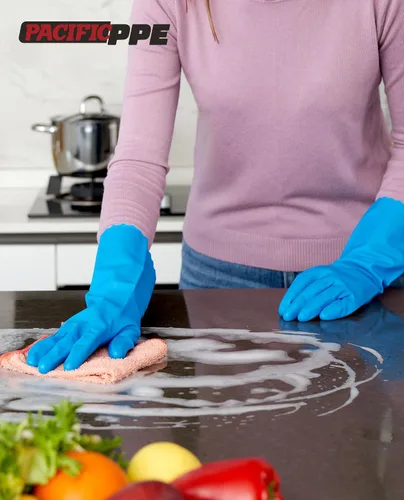 Miniatura 8 de PACIFIC PPE 4 pares de guantes de limpieza reutilizables para lavavajillas, hogar, cocina, forro de algodón, azul, talla S