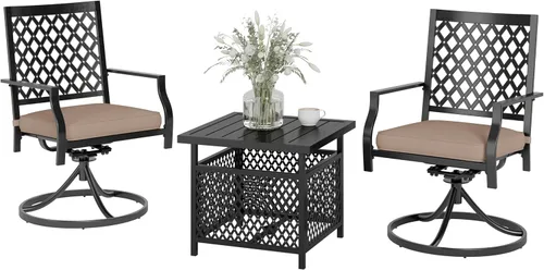 Miniatura 9 de PHI VILLA Juego de comedor de 3 piezas para patio al aire libre, mesa redonda de metal con listones y 2 sillas de patio, juego de muebles de Negro