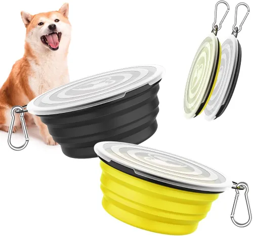 Miniatura 10 de Pawaboo Cuencos plegables 2 en 1 para perros, cuencos dobles para comida y agua, cuenco de silicona portátil de 180° con gancho de metal, comedero