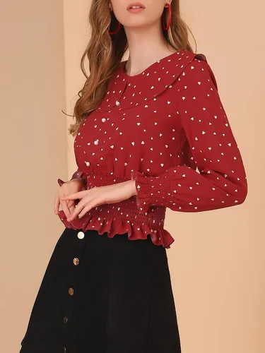 Miniatura 2 de Allegra K Blusa para mujer con cuello de Peter Pan con estampado de corazón y perlas