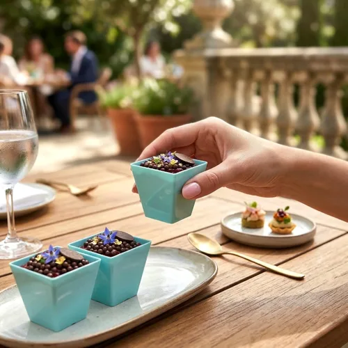 Miniatura 5 de Restaurantware Mini vaso de postre Kova de 2 onzas, elegantes vasos cuadrados de plástico rosa en polvo: perfecto para servir postres y muestras