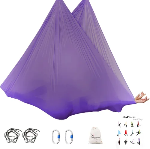Miniatura 8 de Juego de columpio de yoga de seda aérea de 5.5 yardas - Kit de hamaca de yoga aérea antigravedad volador para fitness, tela de tricot de nailon