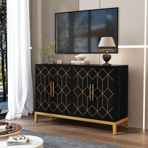 Miniatura 4 de HLR Gabinete de Acento con 4 Puertas y Estantes, Gabinete Aparador Buffet con Ribete Dorado, Almacenamiento Negro Moderno para Sala de Estar
