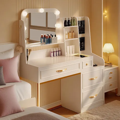 Miniatura 9 de Wildhome Mesa de Tocador con Espejo y Luces, Escritorio de Maquillaje con Tapa de Cristal y Estación de Carga, Mesa de Tocador con Almacenamiento