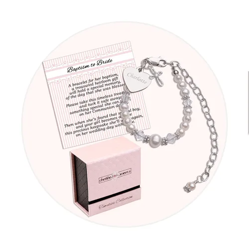 Cherished Moments Pulsera personalizada de cruz de bautismo a novia, regalo para niñas con corazón grabado en plata de ley 925 y perlas cultivadas