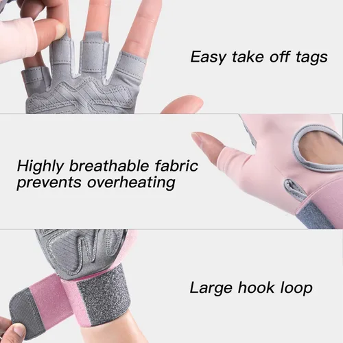 Miniatura 5 de Guantes de levantamiento de pesas de grano de hierro, para hombres y mujeres, guantes de entrenamiento con soporte de muñeca para ejercicio, Rosa