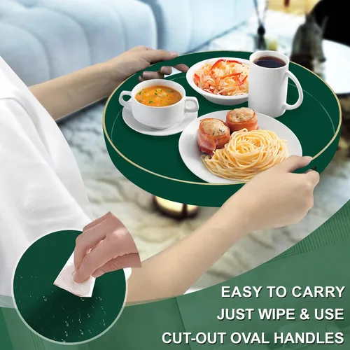 Miniatura 4 de MAONAME - Bandeja decorativa verde oscuro, bandeja de servir redonda de 13 pulgadas con asas, bandejas de plástico para mesa de café, bandejas