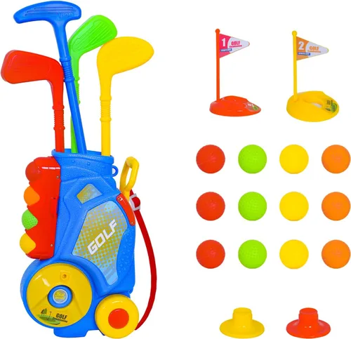 Nattork Juego de golf para niños y niñas de 1, 2 y 3 años, carrito de golf con 4 palos y 12 pelotas, juguete deportivo para interiores y exteriores,