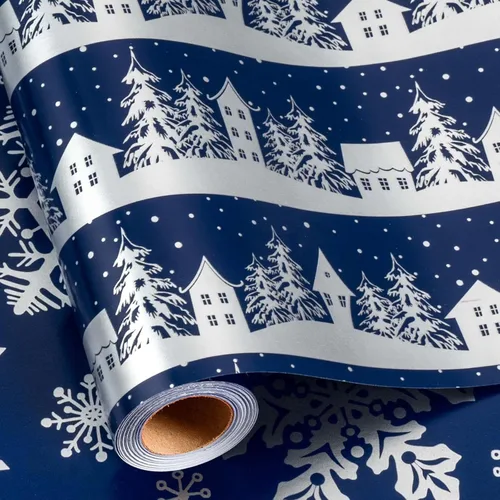 MAYPLUSS Rollo de papel de regalo de Navidad, papel de regalo de 17 pulgadas x 16.5 pies con casa de árbol de Navidad azul marino copo de nieve