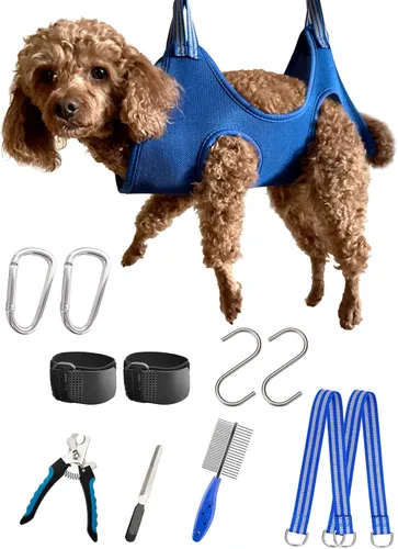 Miniatura 20 de Kkiimatt Arnés de hamaca 10 en 1 para aseo de mascotas con cortaúñas/recortador, lima de uñas, peine, hamaca de uñas para perro, arnés de aseo