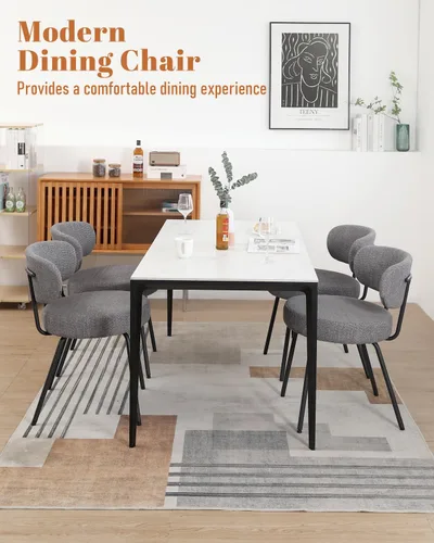 Miniatura 3 de DYHOME Juego de 2 sillas de comedor grises, modernas sillas tapizadas de sherpa boucle de mediados de siglo con cojines de 3.94 pulgadas y patas