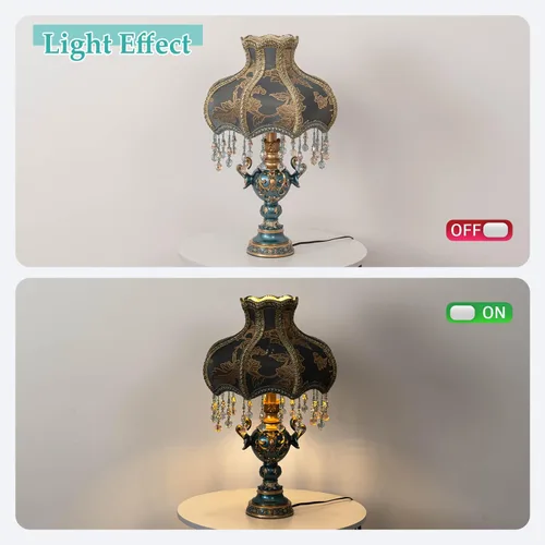 Miniatura 4 de Lámpara de mesa de estilo victoriano, lámpara de mesa decorativa de flores antiguas, luz de noche de tela azul, elegante lámpara de mesita de noche