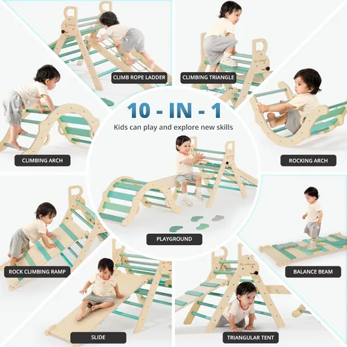 Miniatura 6 de BlueWood Juego de triángulo Pikler 10 en 1, juguetes de escalada para niños pequeños en interiores, escalador Montessori, gimnasios de la jungla
