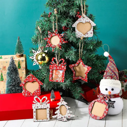 Miniatura 6 de 12 piezas de adornos de Navidad, marcos de fotos de copo de nieve de madera para árbol de Navidad, pequeños marcos de fotos colgantes para árbol