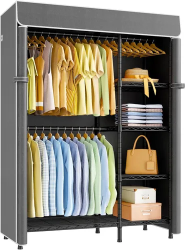 Miniatura 11 de ULIFHOME F2C - Perchero con funda, percheros para colgar ropa, perchero resistente con estantes y barras de suspensión, armario negro con cubierta