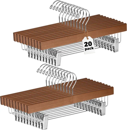 Quality Hangers Perchas de madera para pantalones, paquete de 20 perchas giratorias de tela con gancho – Falda de madera de loto, pantalones, Nogal