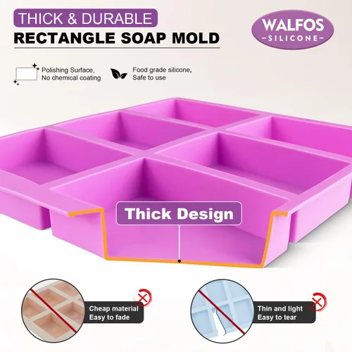 Miniatura 2 de Walfos Juego de 3 moldes de silicona para jabón, 6 cavidades, moldes rectangulares de silicona para jabón casero, pastel, chocolate y bandeja