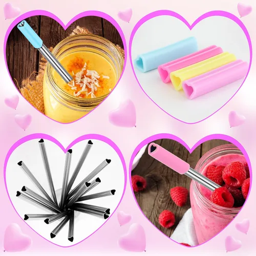 Miniatura 4 de Jutom Paquete de 8 pajitas de metal con forma de corazón, reutilizables, de acero inoxidable con puntas de silicona, lindas con 2 cepillos
