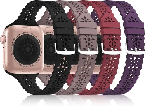 Miniatura 8 de Bandiction - Paquete de 4 correas de silicona de encaje compatibles con Apple Watch de 38mm 40mm 41mm 42mm 44mm 45mm 46mm 49mm, correa delgada