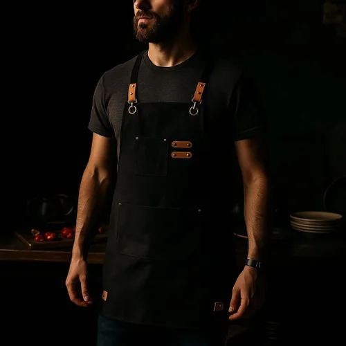 Miniatura 7 de Delantales de chef para hombre, delantal de lona con bolsillos grandes y correa ajustable para el cuello para cocinar, barbacoa, jardinería