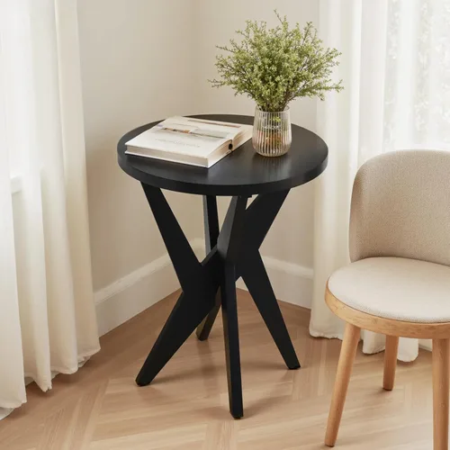 Ahokua Mesa auxiliar redonda negra moderna, mesa auxiliar decorativa de mediados de siglo con parte superior de MDF y patas cruzadas para sala de
