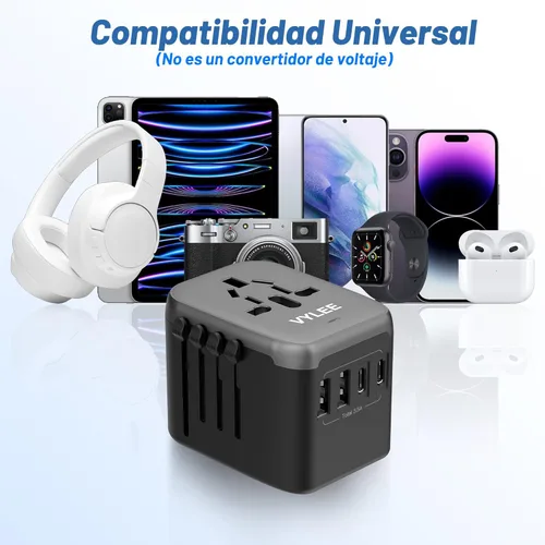 Miniatura 7 de VYLEE - Adaptador de viaje universal, adaptador de corriente internacional 5 en 1, cargador de pared 3.5A 2xUSB-A y 2 USB C, enchufe esencial