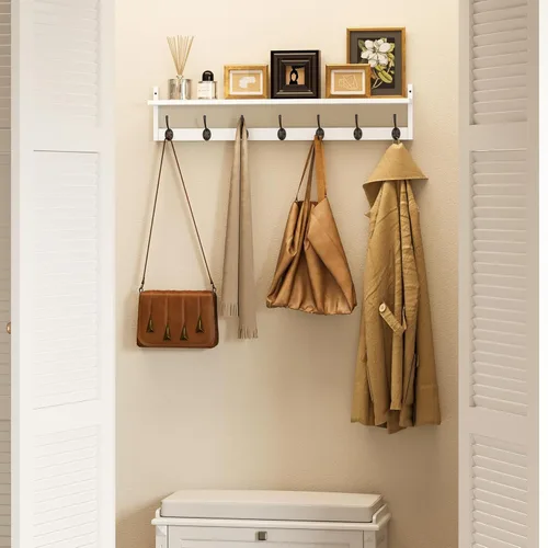 Miniatura 4 de BAMEOS Ganchos de pared de 35" L con estante, ganchos para abrigos de entrada, estante de madera para colgar en la pared, perchero montado en pared