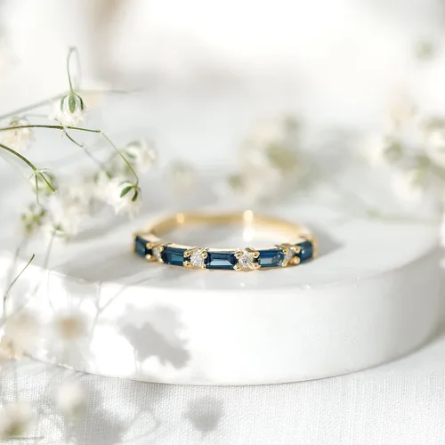 Miniatura 12 de Natural London Blue Topaz Diamond Half Eternity Anillo de calidad AAA, anillo apilable de topacio certificado – con joyero