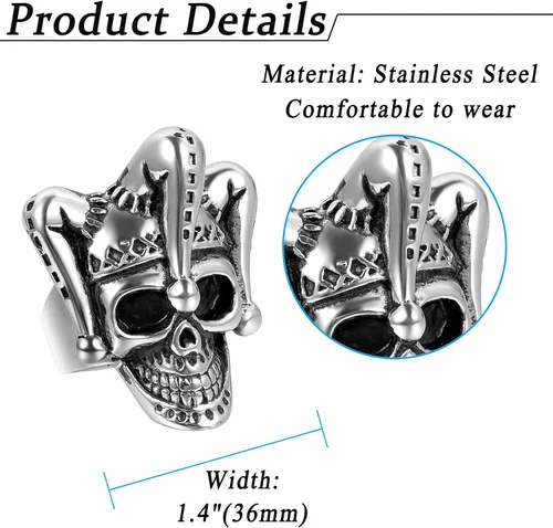 Miniatura 6 de Flongo Anillo punk de acero inoxidable plateado negro gótico Joker payaso anillo para hombre