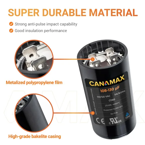 Miniatura 4 de 108-130 uf 108/130 MFD 110-125 VCA Voltios CD60 Condensador de arranque de motor redondo 50/60 Hz AC Eléctrico - Compatible con condensadores