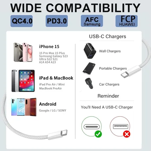 Miniatura 9 de Cargador para iPhone 17 y 16, carga rápida, tipo C, 20 W, USB C, bloque para iPad, con cable USB-C tejido de 6 pies, sincronización de datos de 60 W