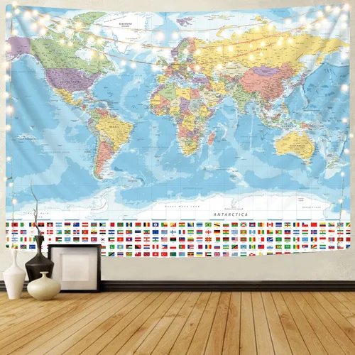 KYKU Tapiz grande de mapa del mundo para banderas de pared, tapiz de globo, decoración temática de fiesta, geografía, carteles de aula (59.1 x 78.7
