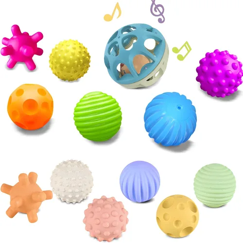 Montessori - Juego sensorial para bebés y niños pequeños, paquete de 6 bolas texturizadas suaves y sonajero de paja de trigo, juguetes educativos