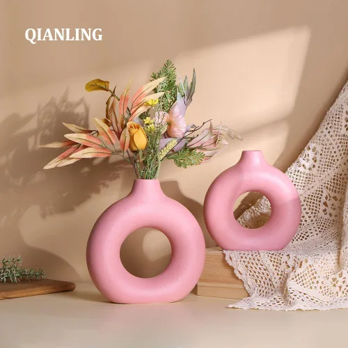 Miniatura 3 de Juego de 2 o 2 jarrones redondos de cerámica rosa, modernos jarrones rosados para centros de mesa, florero para decoración, se aplica a la sala